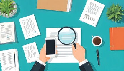 Flat Design Illustration of Document Analysis with Magnifying Glass and Smartphone on Desk