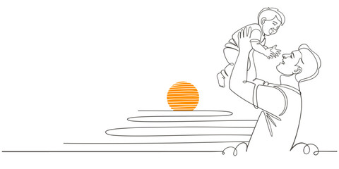 Fathers day line art style vector illustration, father and son line art illustration