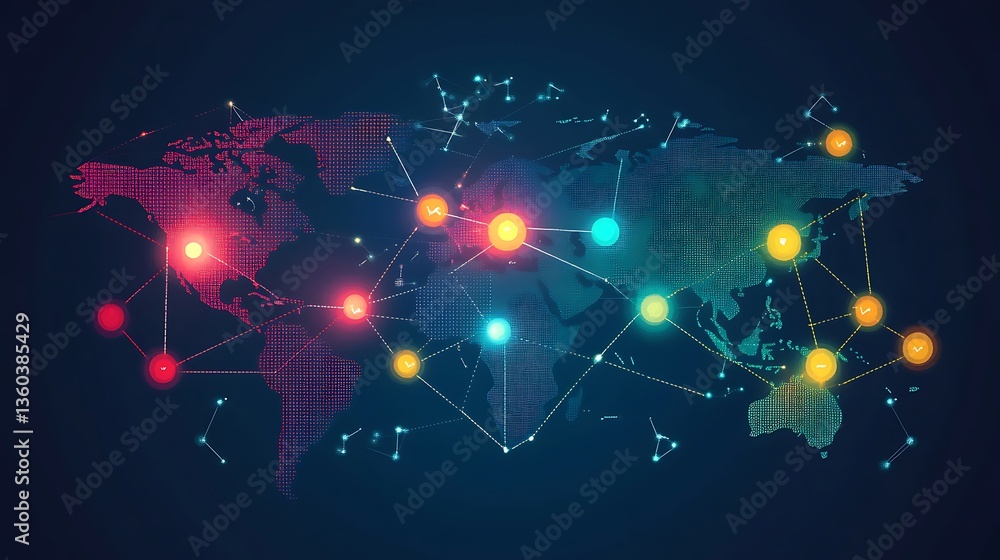 Fototapete Global Network Connections Visualization A Digital World Map Showing Interconnected Data Points and Communication Pathways