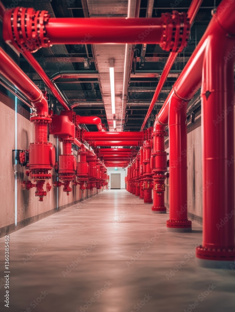 Poster Industrial Symmetry Unleashed Cutting-Edge Water Infrastructure Visualization with High-Performance Red Piping Systems - Smart Urban Resource Management