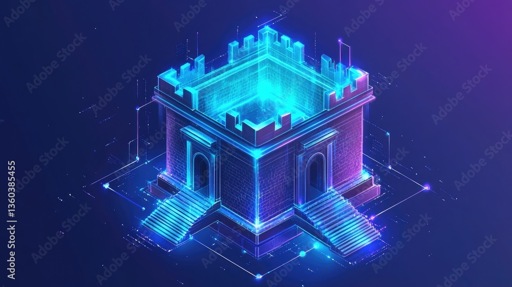 Poster cyber defense structure visualized as a glowing blue castle with advanced security layers.