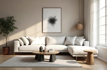 Modern minimalist Scandinavian living room with white sofa, abstract painting. Interior design with wooden coffee table, small round table, green houseplant, floor carpet. Soft light from window,