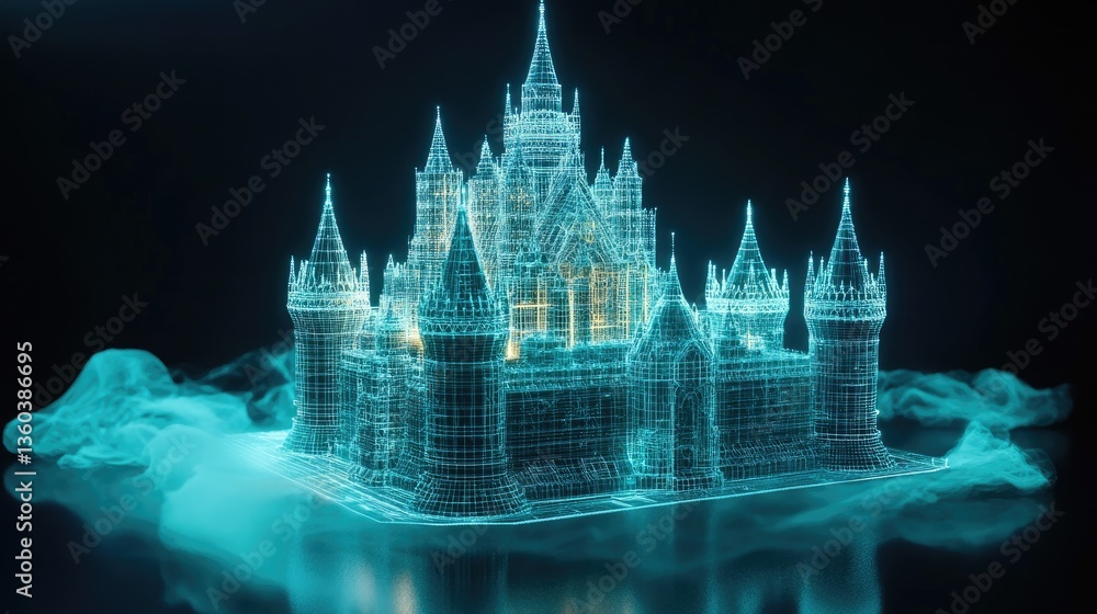 Poster glowing wireframe castle in a cyber world, representing futuristic data security and encryption.