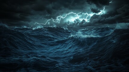 Fototapeta premium A stormy ocean at night, with massive waves illuminated by flashes of lightning. 