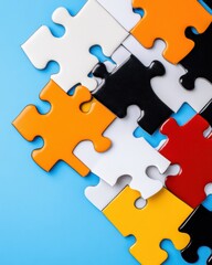 Fototapeta premium Collaborative Strategy Visualization Modular Puzzle Metaphor for Business Intelligence, Data Integration, and Adaptive Problem-Solving Frameworks