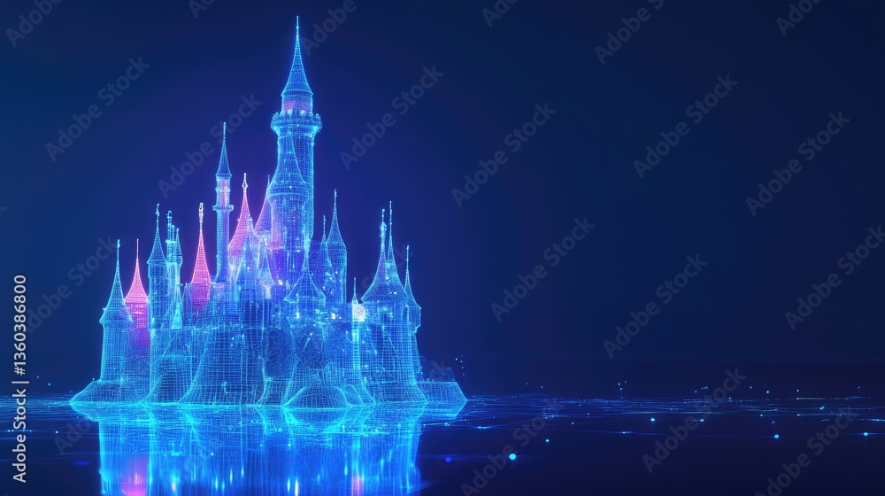 Poster glowing wireframe castle in a cyber world, representing futuristic data security and encryption.