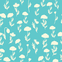 Naklejka premium Bicolor contour silhouette seamless pattern with poppy flowers and leaves. Abstract floral spring, summer pastel pattern