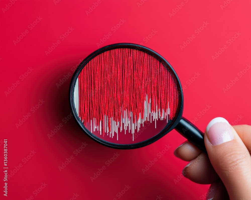 Aufkleber Cybersecurity Trend Analysis Minimalist Red Magnifying Glass Revealing Digital Network Complexity in AI-Driven Risk Intelligence Visualization