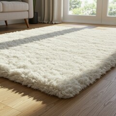 Soft white rug on rustic wooden flooring by a bright window, cozy home interior.
