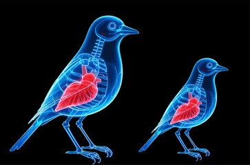 Obraz premium abstract illustration of a transparent Erithacus rubecula robin skull with blue and red light