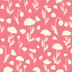 Bicolor contour silhouette seamless pattern with poppy flowers and leaves. Abstract floral spring, summer pastel pattern