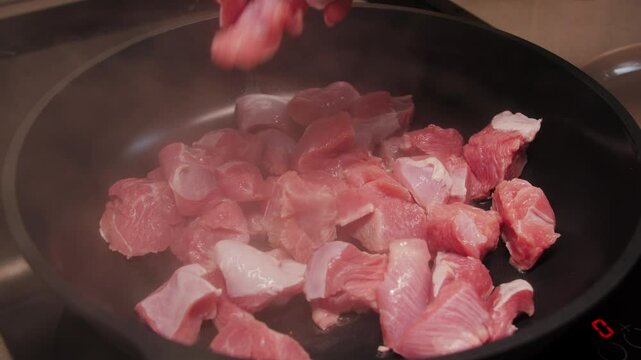 Diet healthy nutrition concept. Cooking meat stew at home. High quality 4k footage