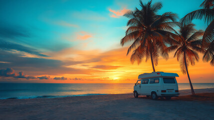 a white van with a pop-up tent parked on a sandy beach overlooking a calm