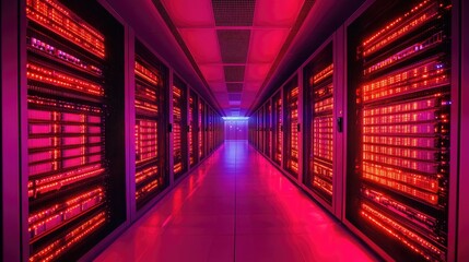 Fototapeta premium Virtual data stronghold, neon cyber walls reinforced with red glowing security layers.