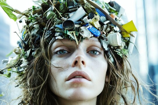 Striking conceptual image of a woman wearing a crown of garbage, highlighting the urgency of environmental protection and the consequences of waste, creating a compelling visual metaphor.