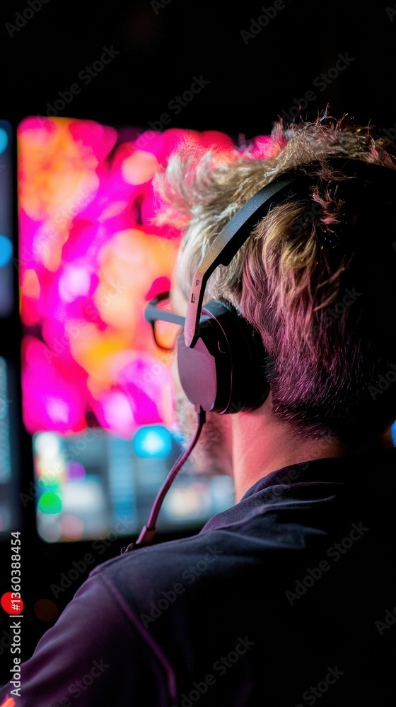 Poster Immersive Digital Performance Next-Gen Audio Experiences with Vibrant Visual Backdrop - Gen Z Content Creator Exploring Sensory Multimedia Engagement