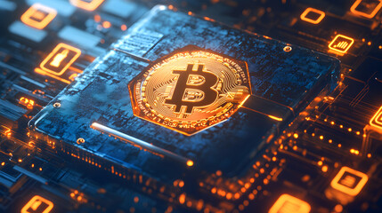 Bitcoin's Digital Core: A captivating, up-close view of a Bitcoin symbol embedded within a futuristic computer chip. The intricate details of the circuitry are illuminated.