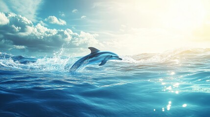 A serene ocean with a pod of dolphins swimming near the surface, their fins breaking the water. The sunlight reflects off the waves, creating a sparkling effect. 