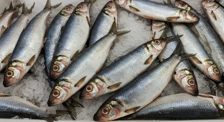 Cisco Lake Herring on Ice at Supermarket - Fresh Cisco Lake herring, glistening silver scales, packed on ice, ready for sale.  Represents freshness, wholesomeness, healthy food, natural protein