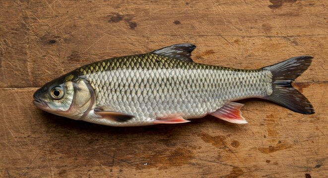 Creek Chub on Wooden Board - Fresh creek chub on rustic wooden background, symbolizing nature, fishing, food, purity, and simplicity.
