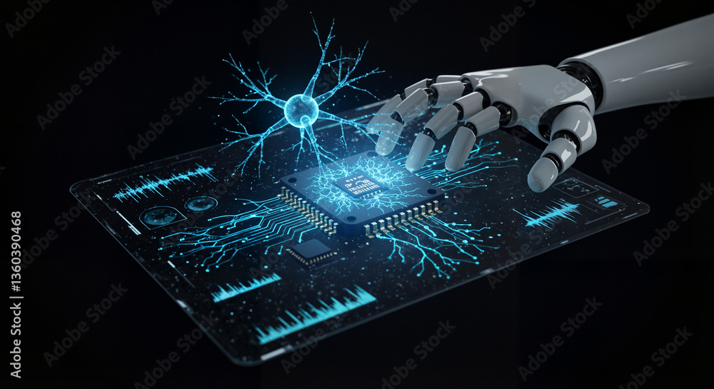 Poster robotic hand analyzing neural activity with microchip display