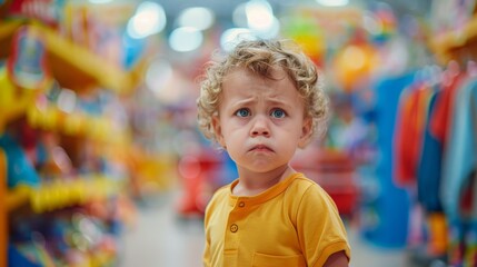 Fototapeta premium Toddler expresses curiosity and concern while exploring a colorful toy store