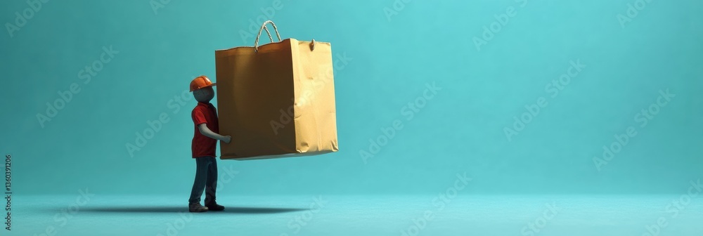 Aufkleber humorous tiny delivery worker carrying oversized grocery bag in fun and exaggerated proportions gene