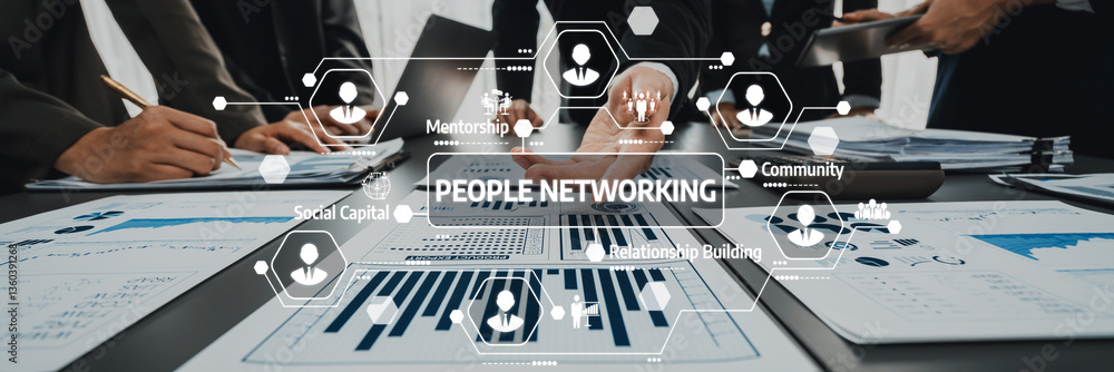Poster a diverse group of professionals engaging in networking activities, discussing strategies, and analy