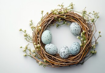 Obraz premium Beautiful nest with speckled blue eggs surrounded by delicate flowers, perfect for springtime, Easter themes, and nature-inspired designs.