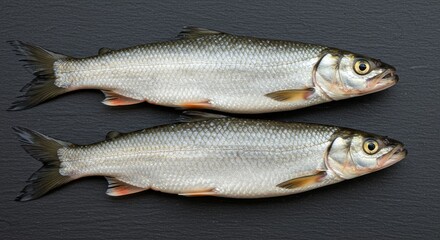 Obraz premium Fresh American Shad Fish on White - Two fresh American shad fish, glistening scales, healthy, delicious, sustainable seafood, culinary delight.