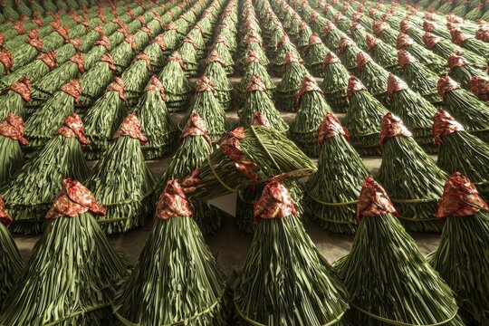 An aerial view of rows upon rows of traditional Filipino suman wrapped in green leaves and tied with decorative red ties, creating a unique pattern, ready for sale.