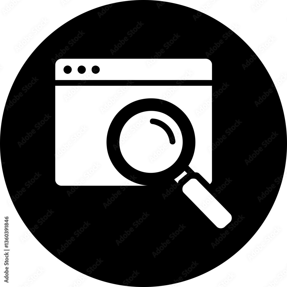 Poster search icon on black circle - minimalist website search symbol - simple internet browser with magnif