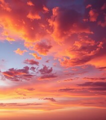 Obraz premium Fiery orange and purple clouds blaze across a vast, twilight sky, wallpaper, twilight