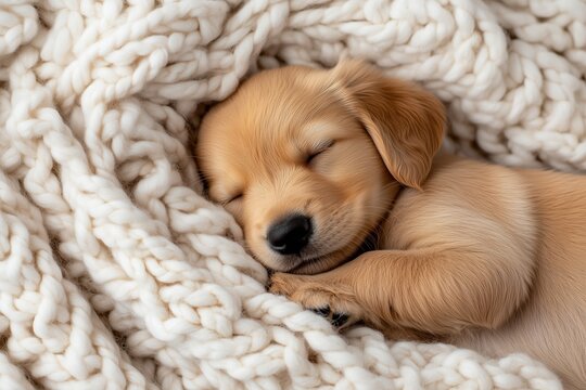 S&uuml;&szlig;er schlafender Welpe eingekuschelt in weiche Decke

