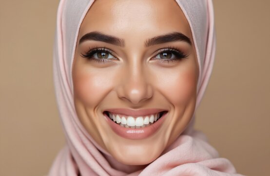 Portrait of arab woman with beautiful smile. She wears pink hijab, perfect white teeth, ideal healthy smile. Smiling face expression. Beauty, skin, dental health care. Dental clinic treatment.