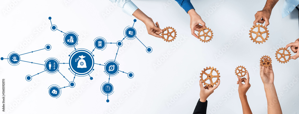 Leinwandbilder hands assemble gears and icons representing finance and technology, symbolizing collaboration and in