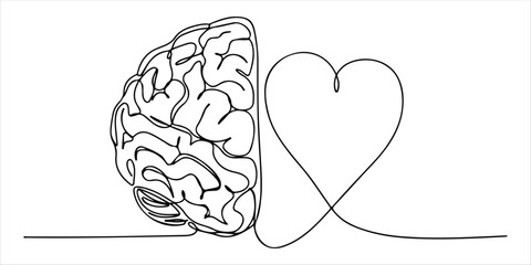 A continuous one line drawing features a half-human brain combined with a heart shape, forming a unique logo icon. This minimalist design represents the balance between logic and emotion, serving.