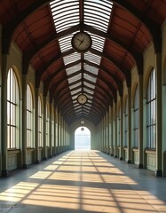 Vitebsk railway station interior. Historic architecture, platform with clock. Arch roof, windows, long perspective view with sunlight shadows. Travel by train, arrival departure transit inside