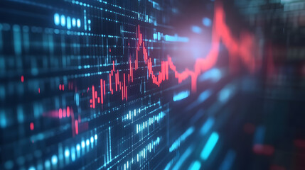 Market Volatility Visualized: A digital display showcasing a fluctuating red graph against a backdrop of intricate blue lines, suggesting the dynamic and unpredictable nature of financial markets.