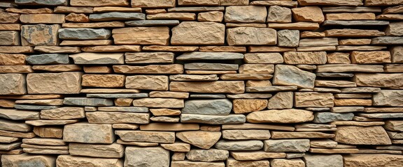 Fototapeta premium Horizontal backdrop of a rustic stacked stone wall, varying textures and tones, landscape, pattern