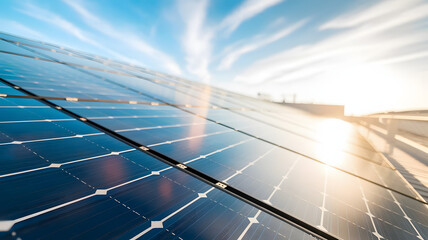 Large-scale solar panel farm stretching towards the horizon, reflecting sunlight under a clear blue sky, symbolizing renewable energy, sustainability, and eco-friendly power generation