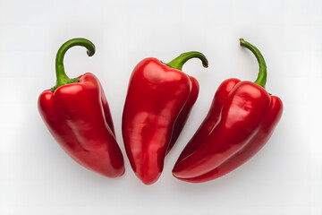 Three vibrant red bell peppers artistically arranged on a bright white background, highlighting their fresh, crisp texture, rich color, and organic farm-to-table quality