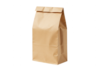 A crumpled brown paper lunch bag standing upright with the top folded down isolated on transparent background