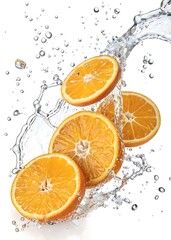 Vibrant orange slices with a water splash and crystal-clear droplets in high-speed macro photography against a white background for a refreshing and juicy citrus presentation