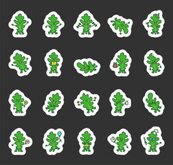 Set of charming oak leaf characters showing different emotions and performing various activities for creative decoration, festive designs, for yours cheerful illustrations, and artistic projects
