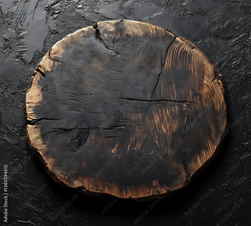 Poster a simple round wooden plate with rough edges, placed on a dark background of textured black paper, c