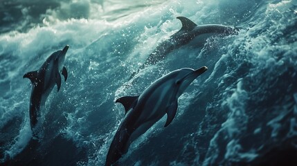 Obraz premium Playful Dolphins Jumping in the Ocean Waves
