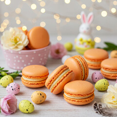 Obraz premium Orange Macarons with Easter Decorations and Spring Blossoms on Wooden Table