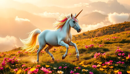 Enchanting white unicorn galloping across a glowing sunset meadow filled with vibrant wildflowers, creating a magical fantasy scene with a dreamlike fairytale atmosphere.