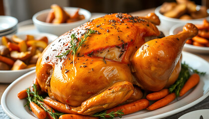 Perfectly roasted golden brown turkey served with fresh vegetables and side dishes on a beautifully set Thanksgiving table, capturing the warmth and tradition of holiday feasts